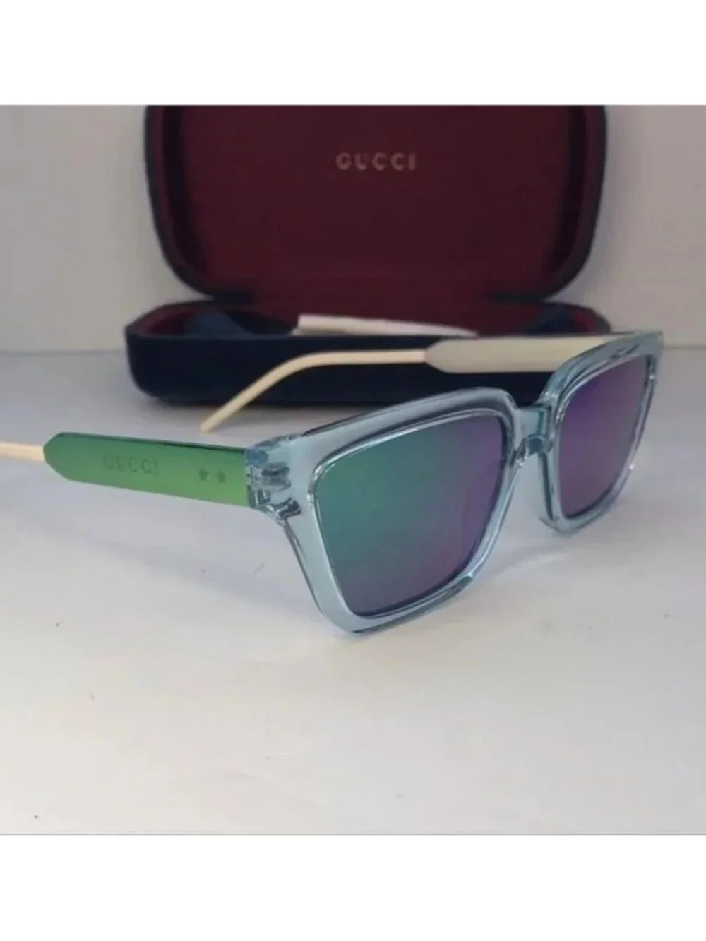 💯 - New - Authentic Gucci Light Blue/Metallic Gradient GG0975S Mirrored Squa…
